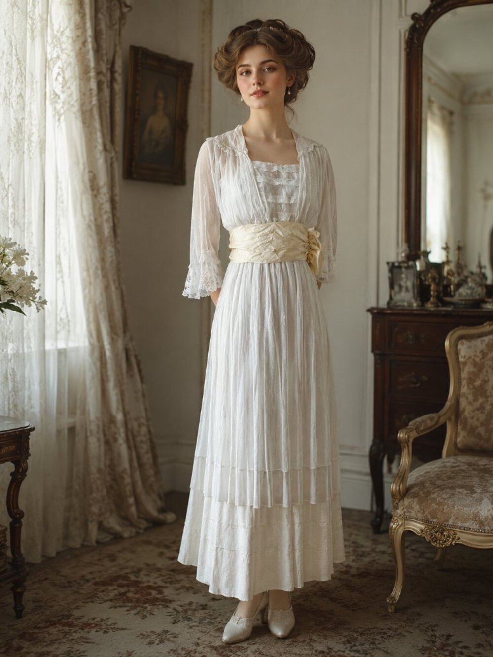 RARE Antique 1910s Betty Wales Edwardian Cotton Voile Embroidered Gown